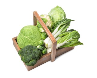 Wooden crate with different types of fresh cabbage on white background