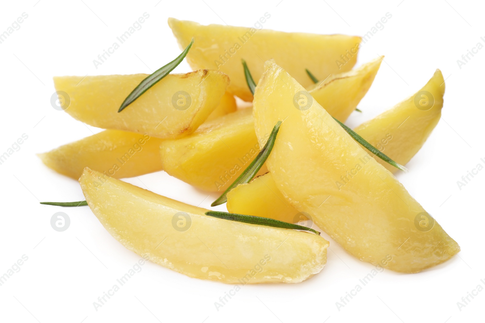 Photo of Tasty baked potato wedges with rosemary on white background