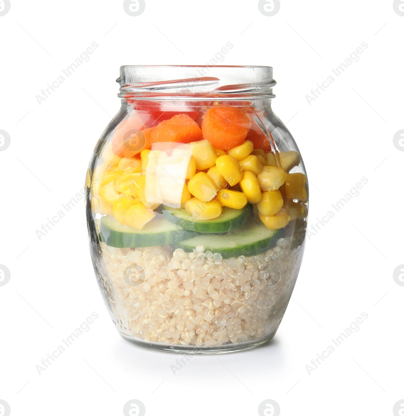 Photo of Jar with healthy quinoa salad and vegetables isolated on white