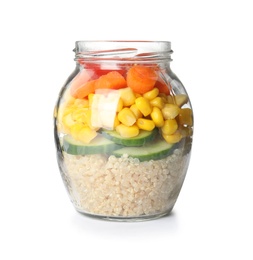 Photo of Jar with healthy quinoa salad and vegetables isolated on white