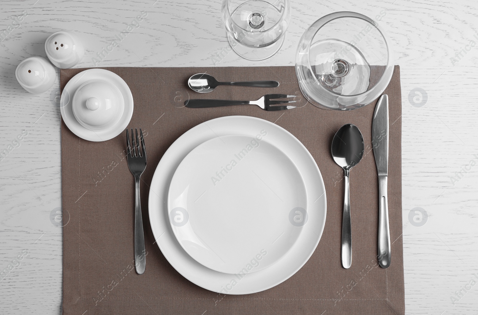 Photo of Stylish elegant table setting on white wooden background, top view