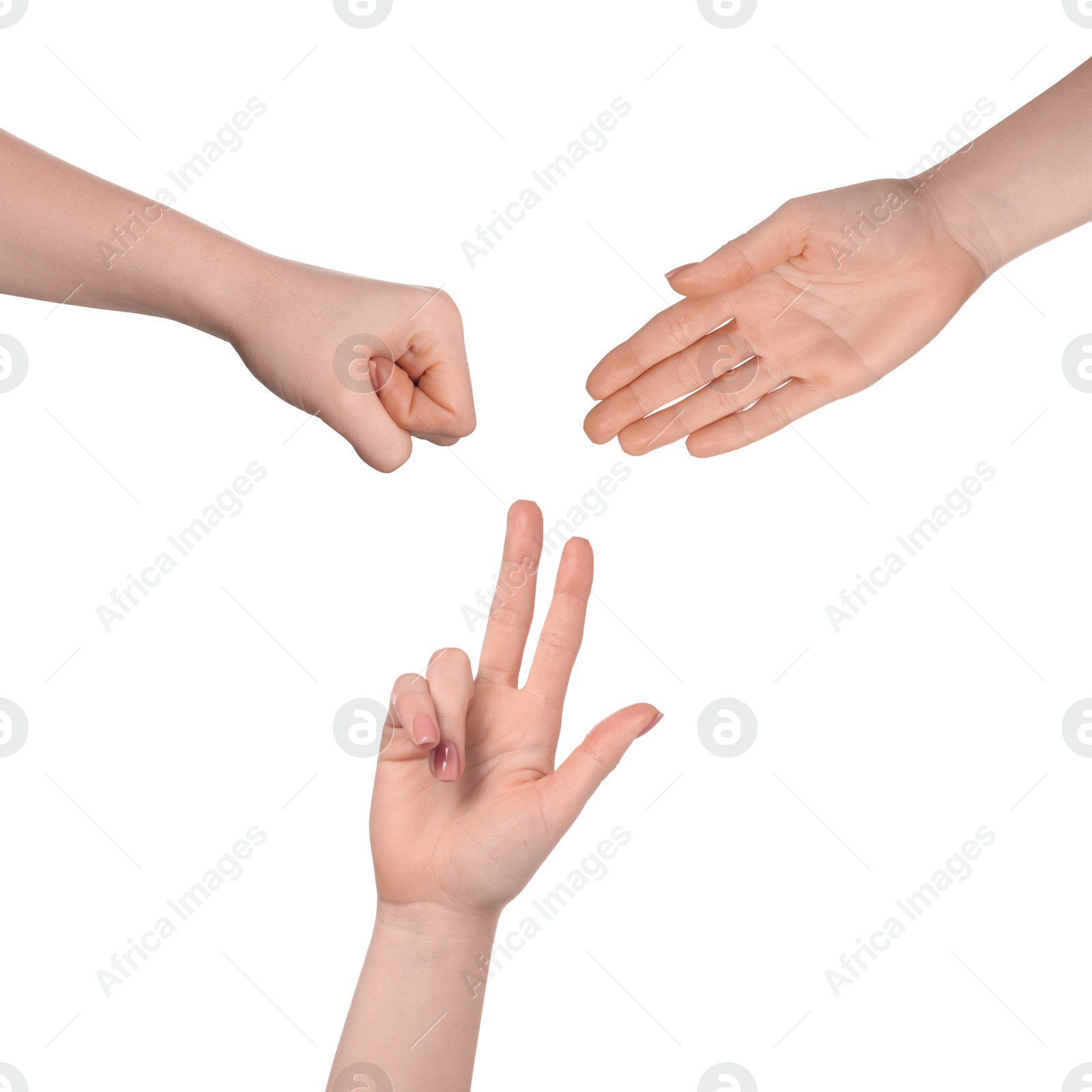 Image of People playing rock, paper and scissors on white background, top view