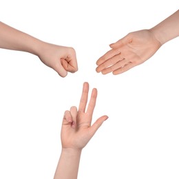 Image of People playing rock, paper and scissors on white background, top view