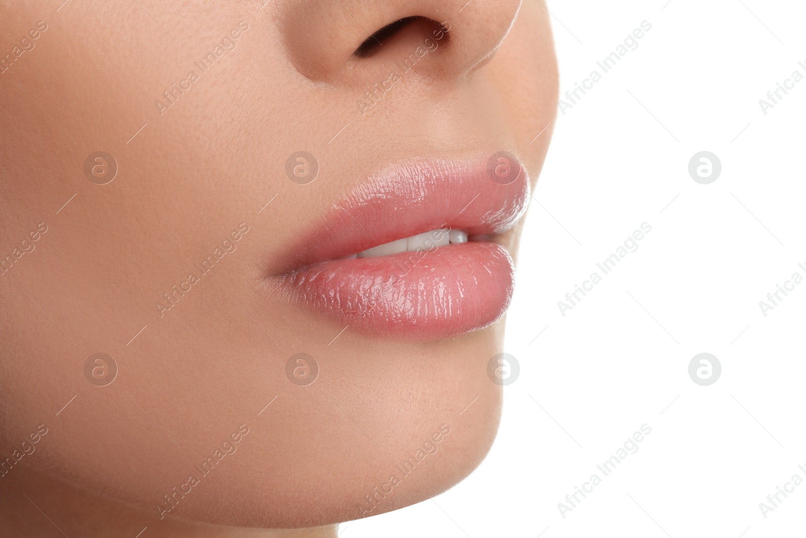 Photo of Woman with beautiful full lips on white background, closeup