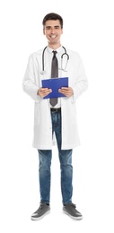 Photo of Full length portrait of medical doctor with clipboard and stethoscope isolated on white