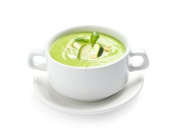 Photo of Tasty homemade zucchini cream soup isolated on white