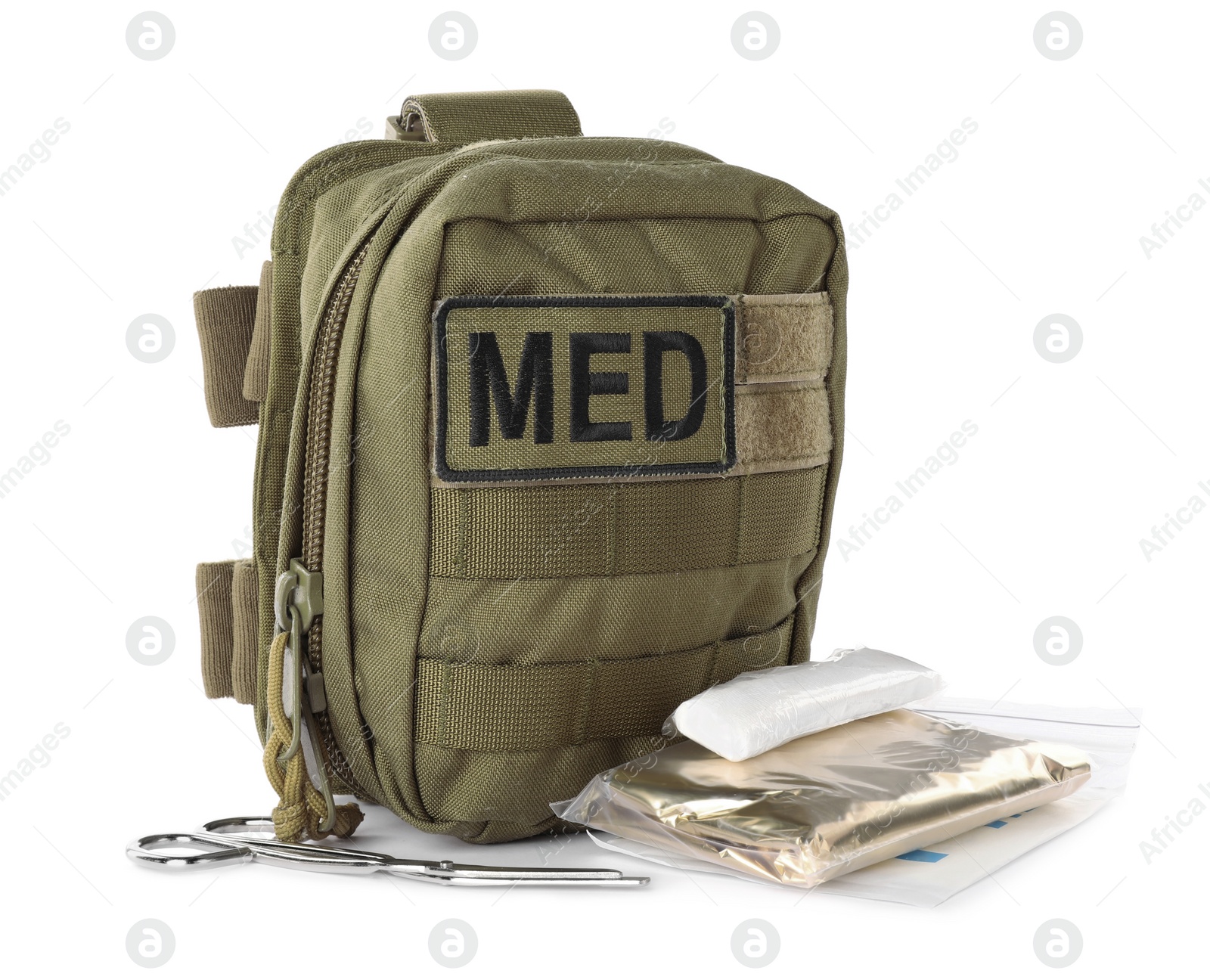 Photo of Military first aid kit with items isolated on white