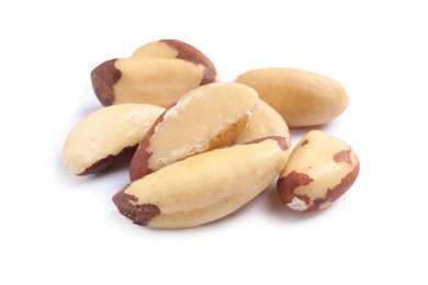 Delicious Brazil nuts on white background. Healthy snack