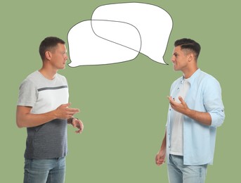 Image of Men talking on olive color background. Dialogue illustration with speech bubbles