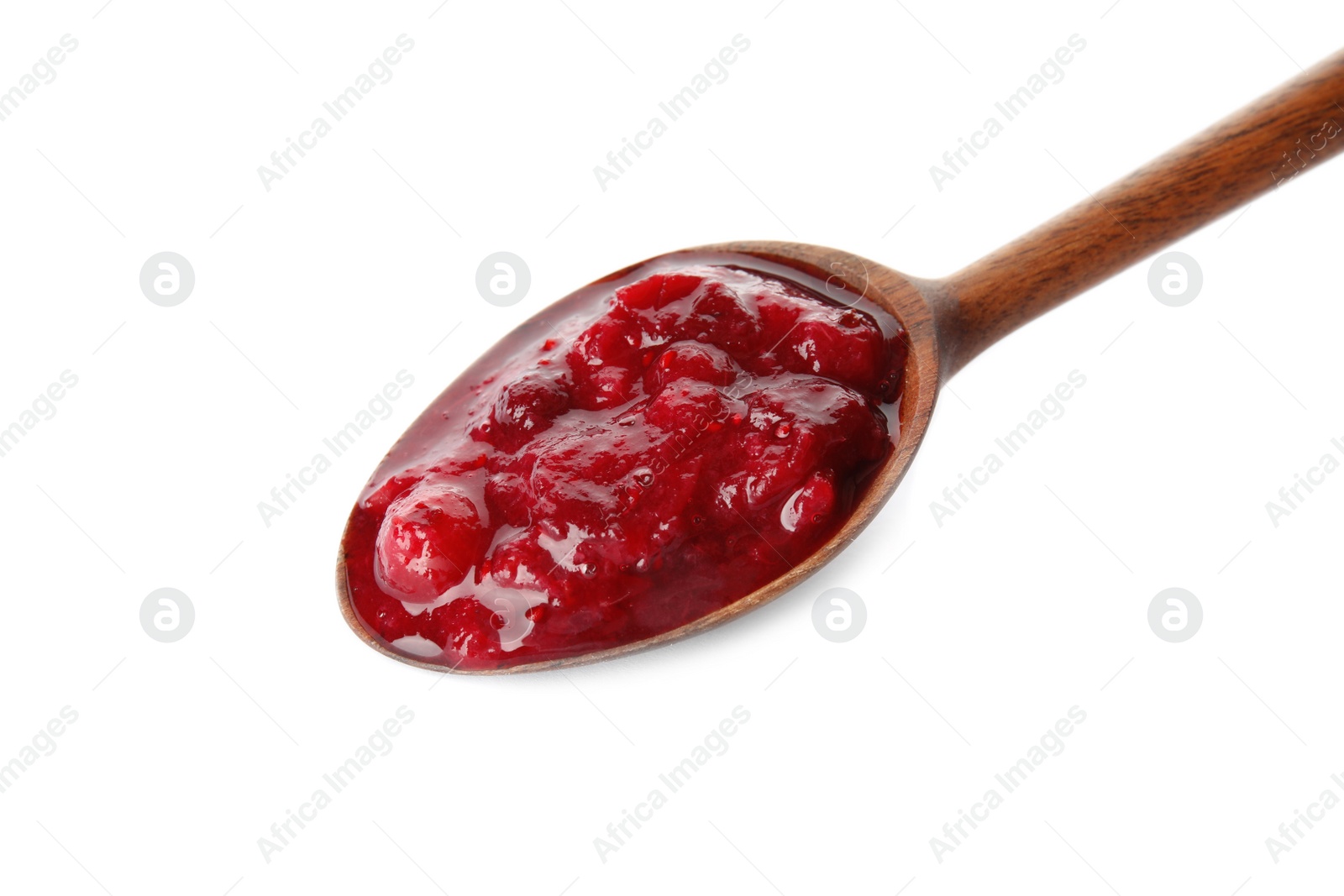 Photo of Spoon with cranberry sauce on white background