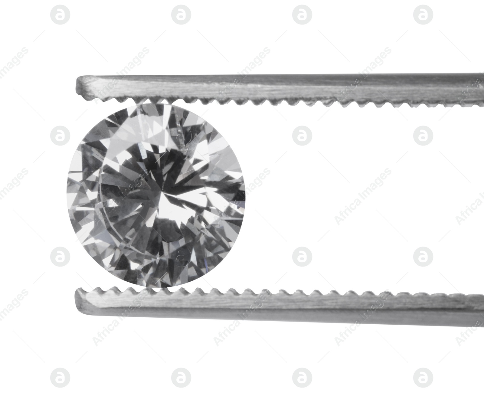 Photo of Tweezers with beautiful shiny diamond isolated on white