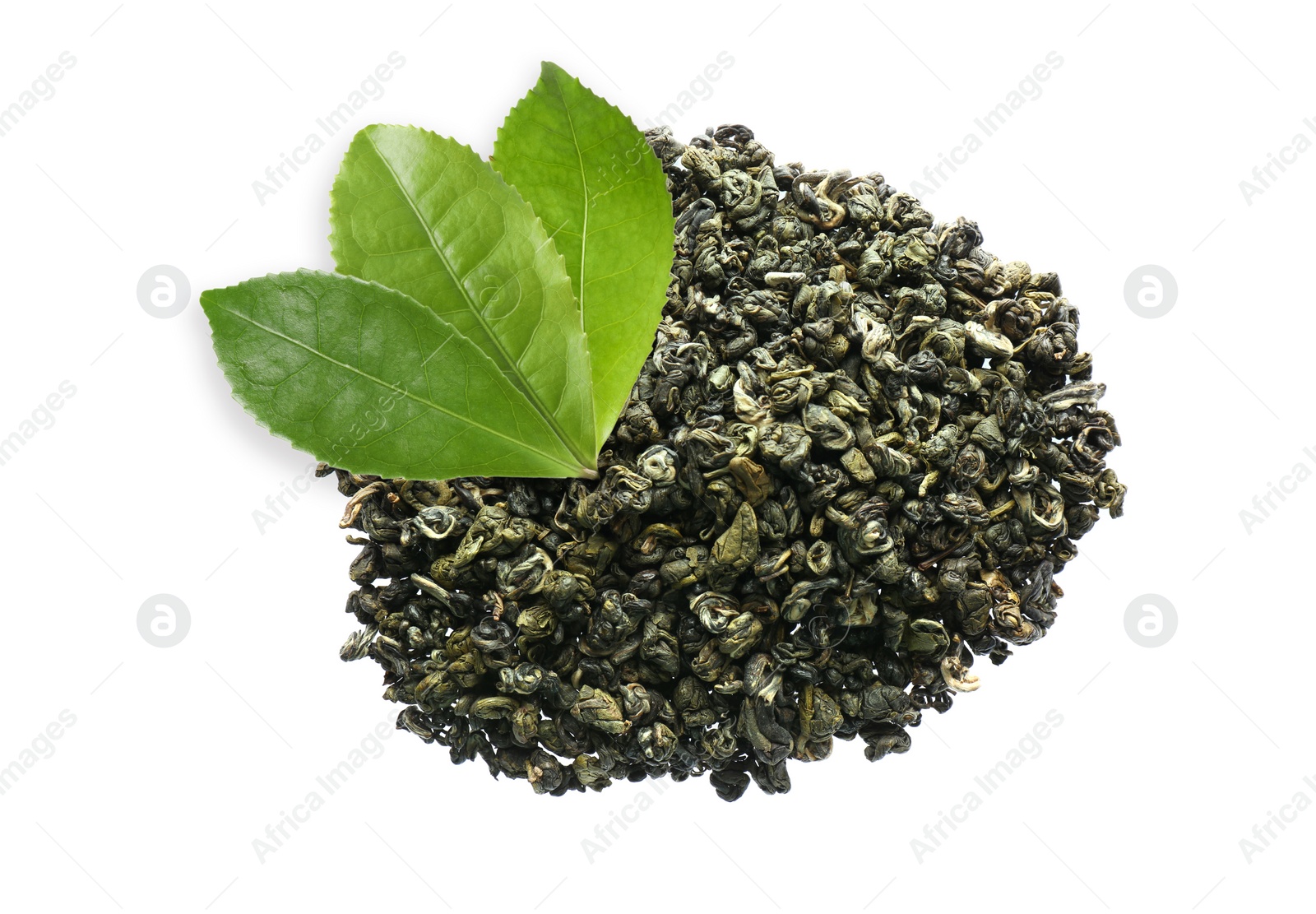 Image of Dry green tea and fresh leaves on white background, top view