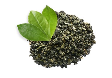 Image of Dry green tea and fresh leaves on white background, top view