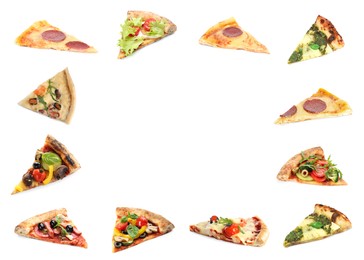 Image of Frame made from slices of different pizzas on white background