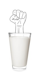 Image of Clenched fist as symbolstrength. Glass of milk with illustration on white background