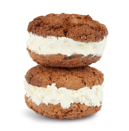 Photo of Sweet delicious ice cream cookie sandwiches on white background