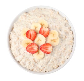 Photo of Tasty boiled oatmeal with banana and strawberries in bowl isolated on white, top view