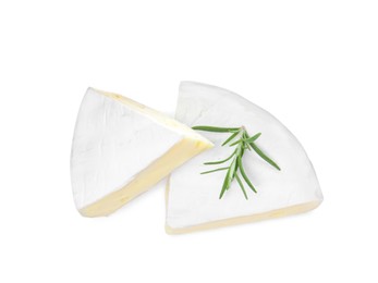 Photo of Tasty cut brie cheese with rosemary on white background, top view