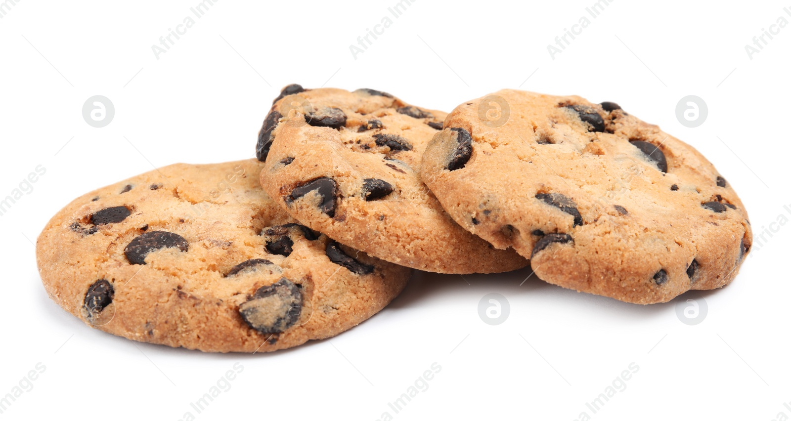 Photo of Delicious chocolate chip cookies on white background