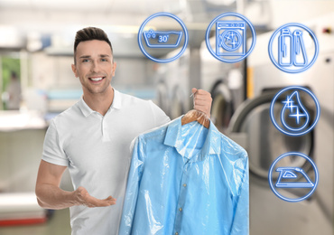 Image of Different icons and man holding hanger with shirt in plastic bag at dry-cleaner's
