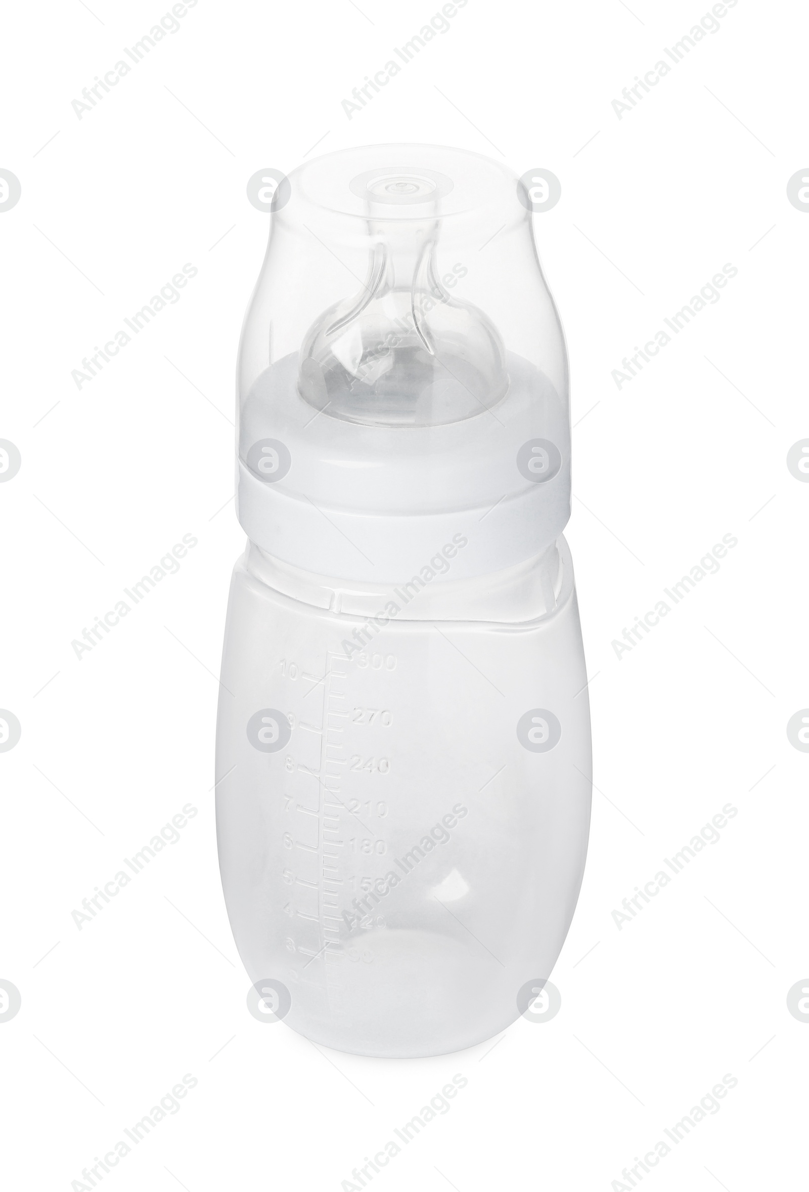 Photo of One empty feeding bottle for infant formula isolated on white