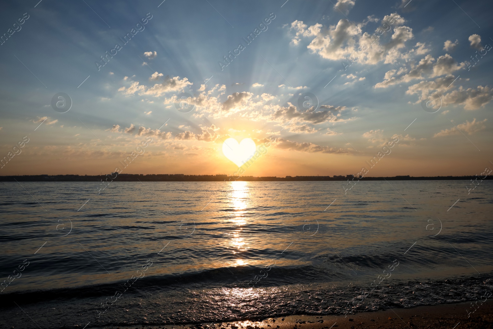 Image of Picturesque view of beautiful sunset on riverside