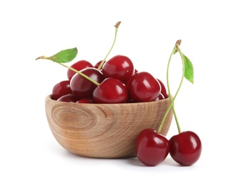 Photo of Wooden bowl of delicious ripe sweet cherries on white background