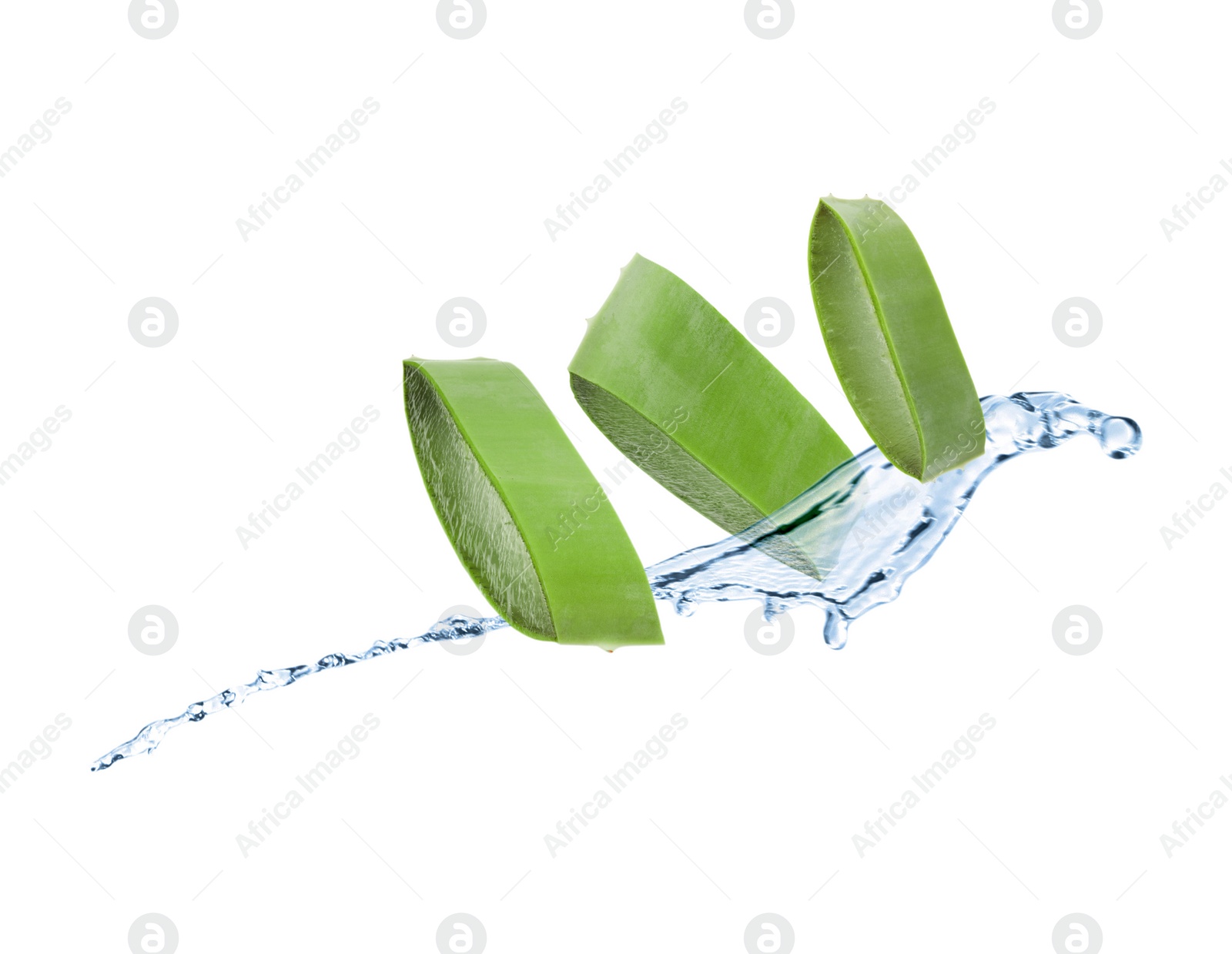 Image of Sliced aloe vera leaf and splash of juice on white background