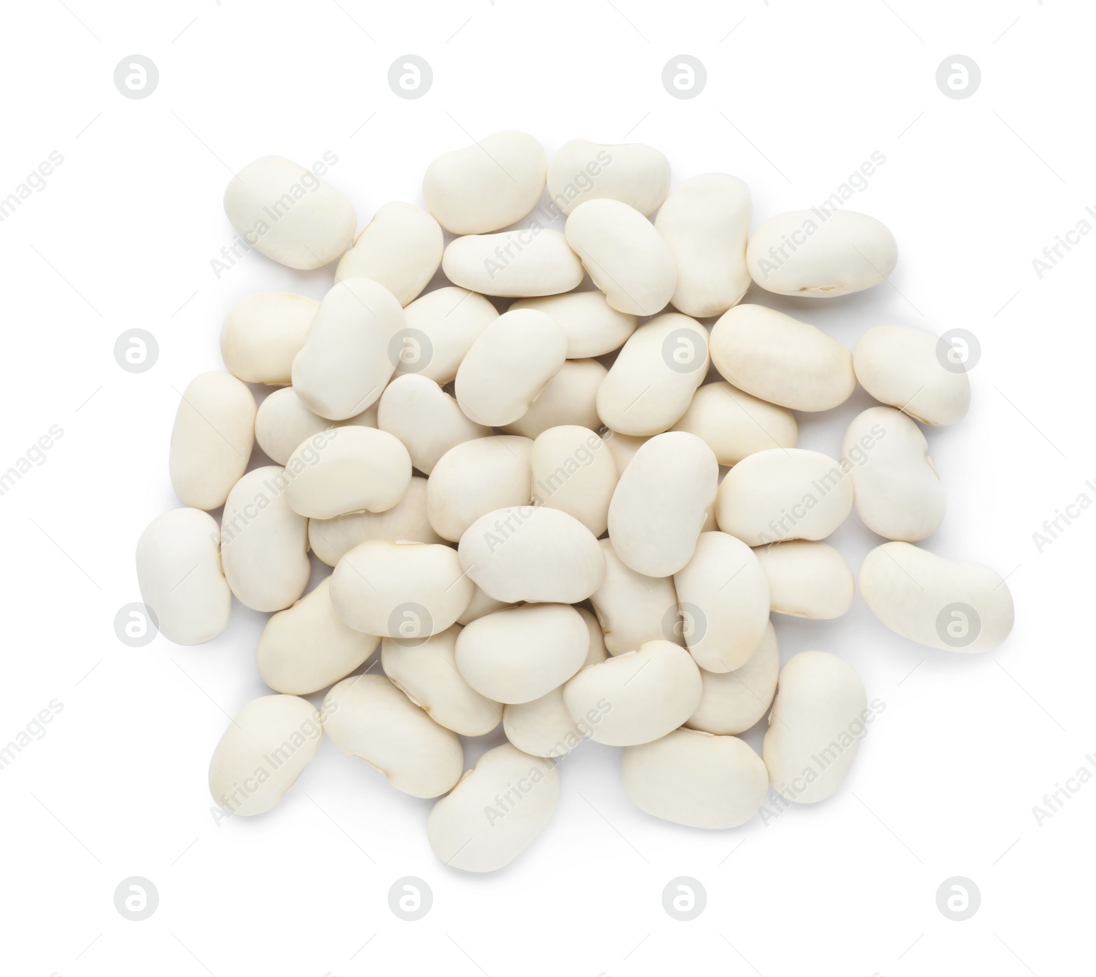 Photo of Pile of uncooked navy beans on white background, top view