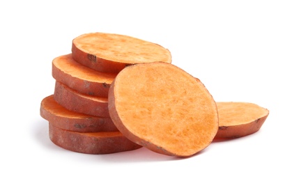 Photo of Slices of ripe sweet potato on white background