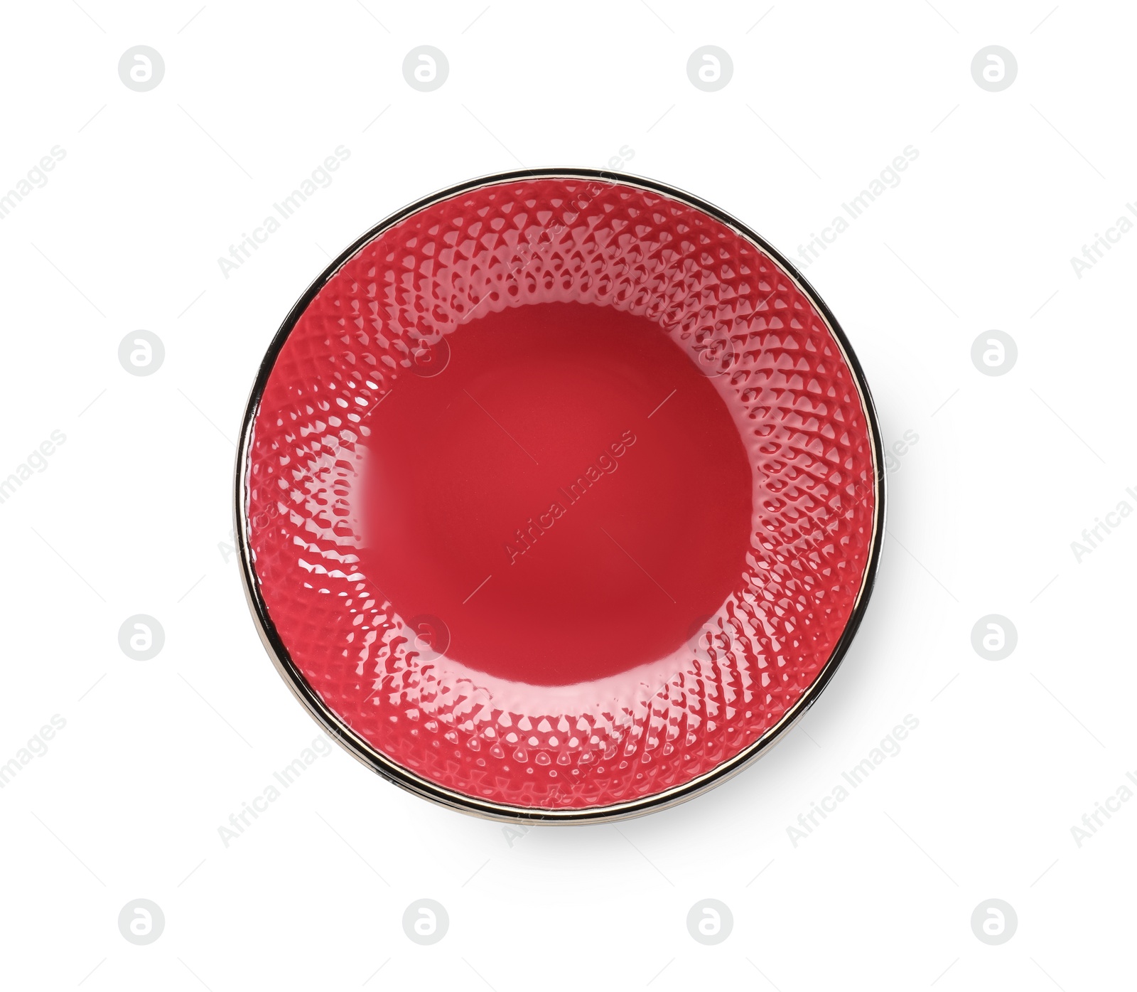 Photo of One red bowl isolated on white, top view