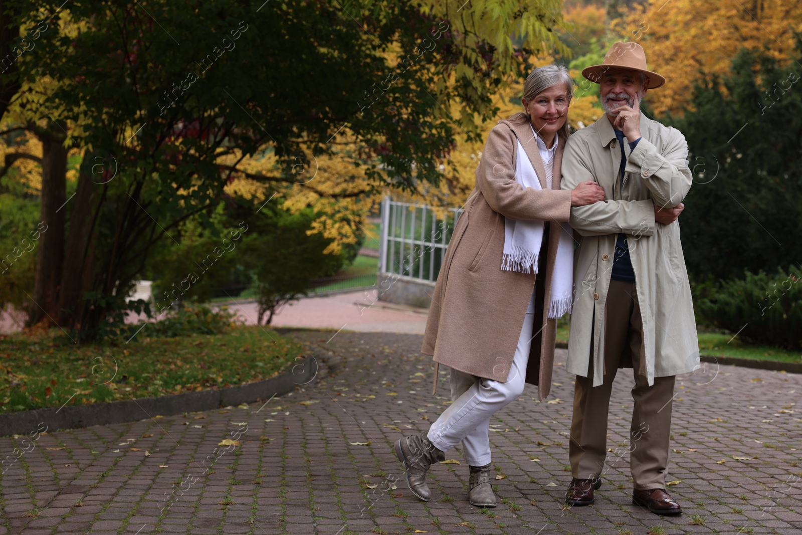 Photo of Affectionate senior couple in autumn park, space for text