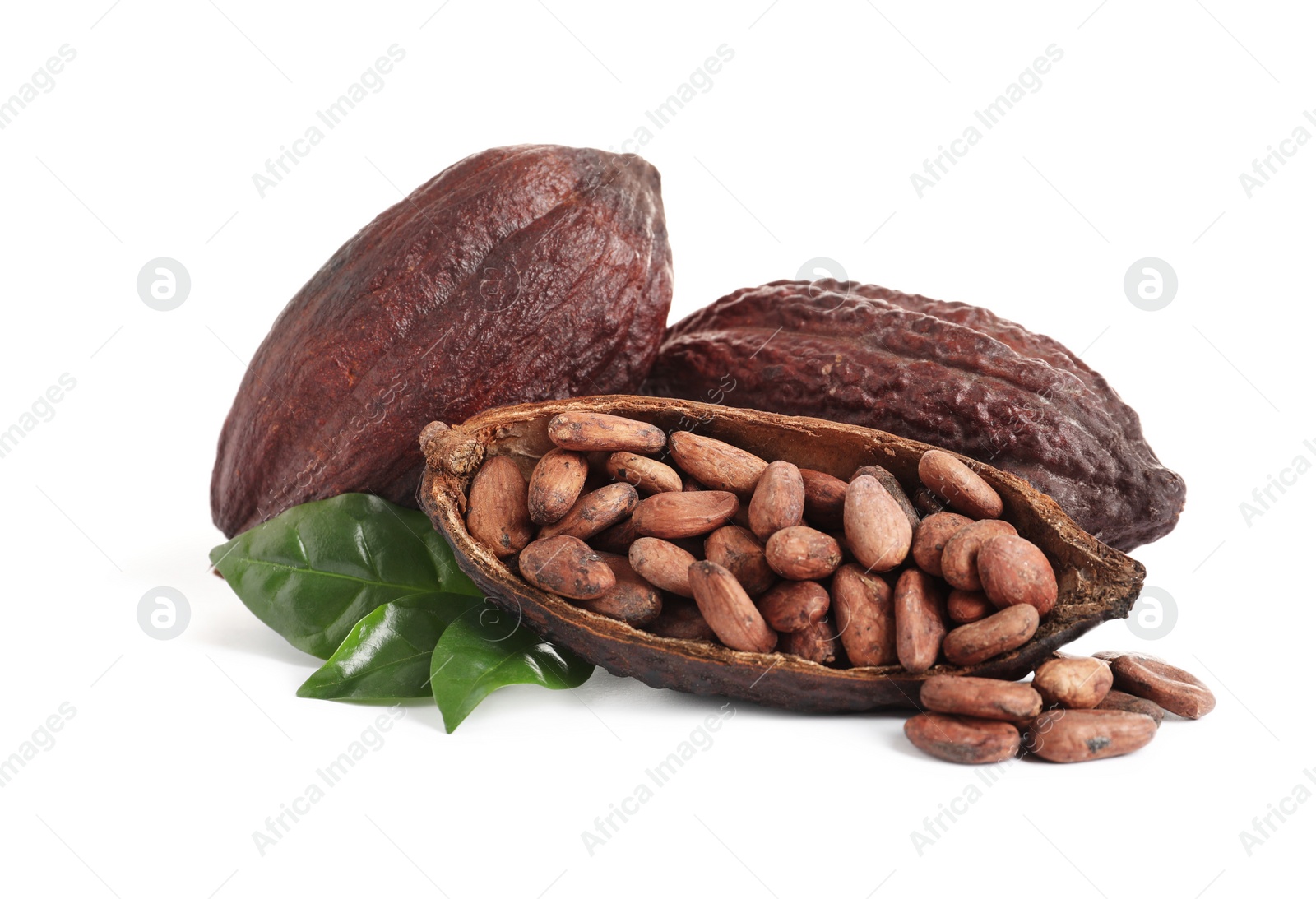 Photo of Composition with cocoa beans on white background