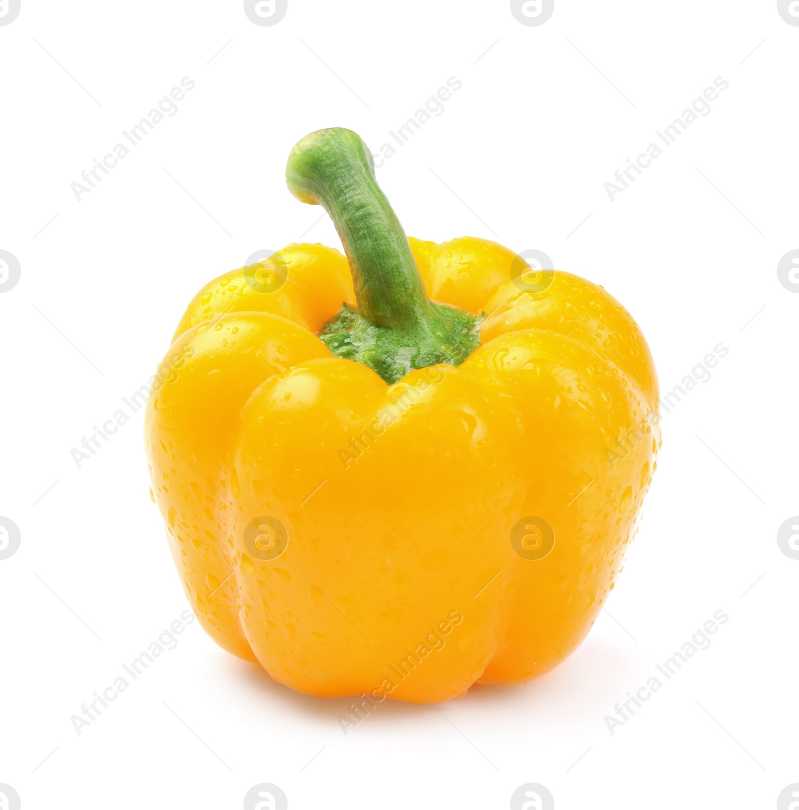 Photo of Wet ripe yellow bell pepper on white background