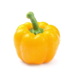 Photo of Wet ripe yellow bell pepper on white background