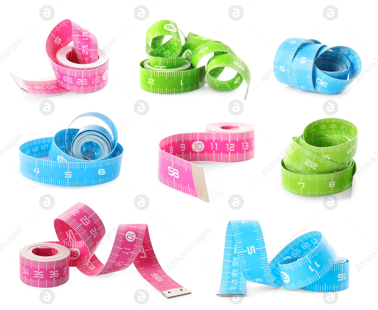 Image of Set with different measuring tapes on white background