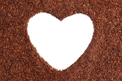 Photo of Heart shaped frame made of dry rooibos tea leaves on white background, flat lay. Space for text
