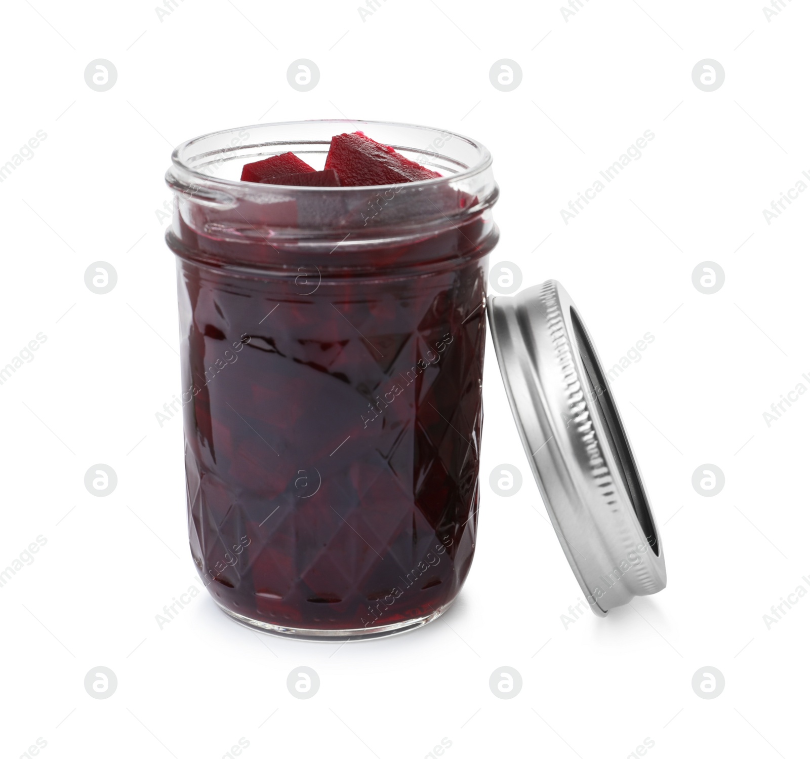 Photo of Pickled beets in jar isolated on white