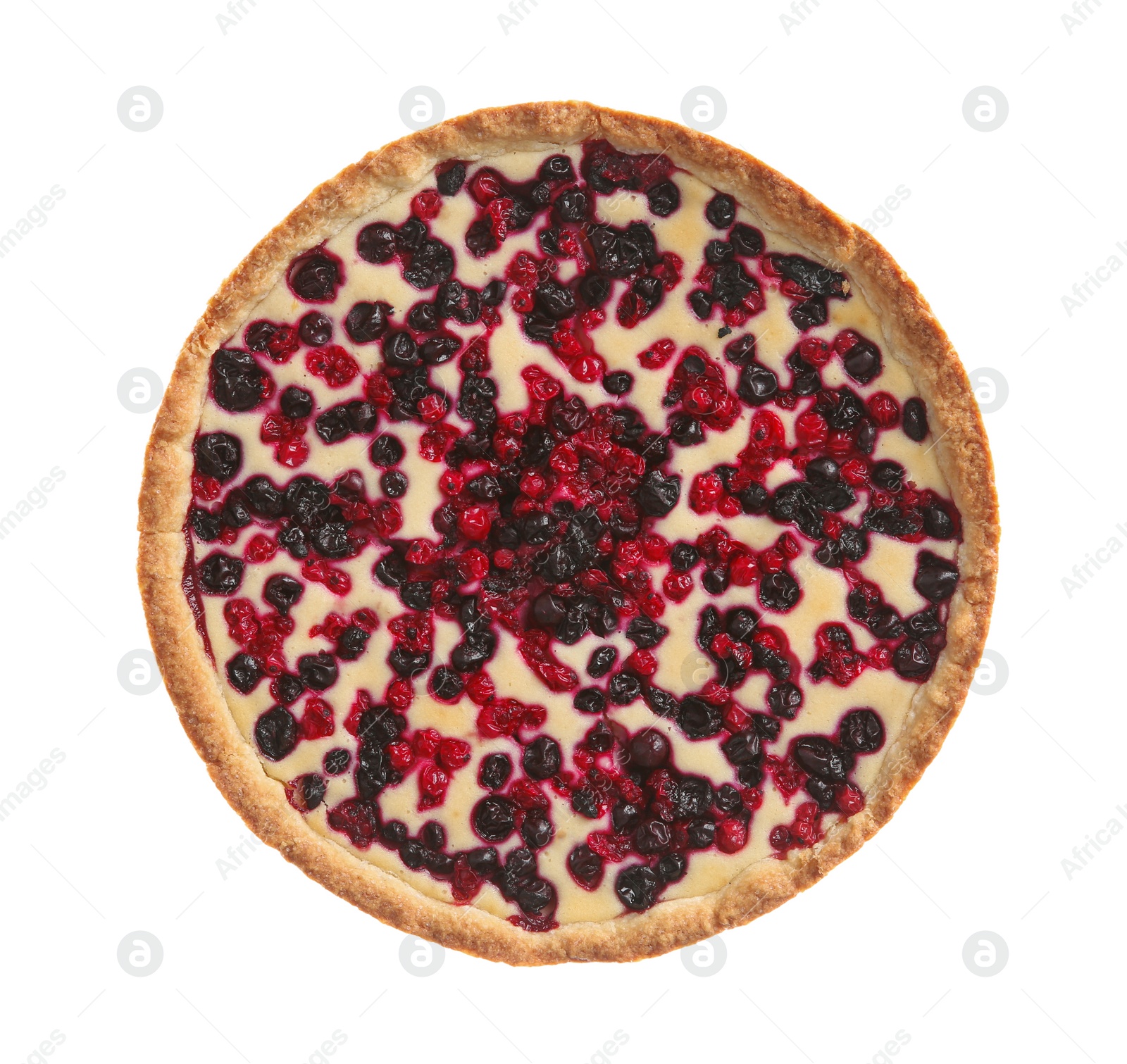 Photo of Delicious currant pie isolated on white, top view