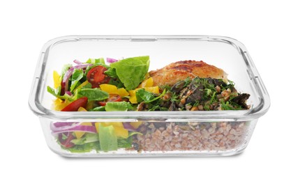 Photo of Healthy meal. Cutlet, buckwheat and salad in container isolated on white