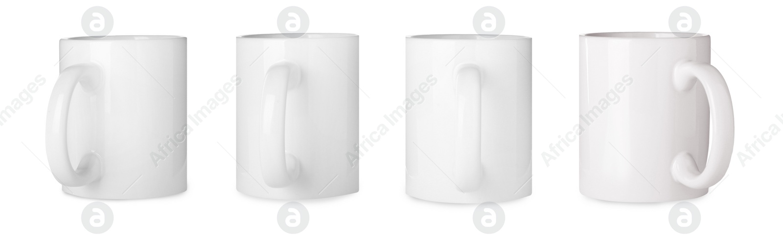 Image of Set with ceramic mugs on white background. Banner design