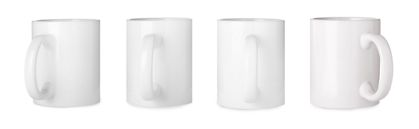 Image of Set with ceramic mugs on white background. Banner design