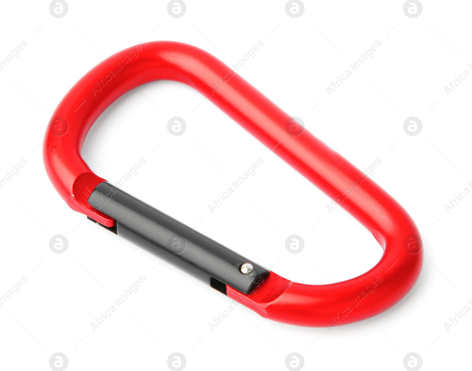 Photo of One red metal carabiner isolated on white