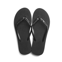 Photo of Pair of stylish flip flops on white background, top view