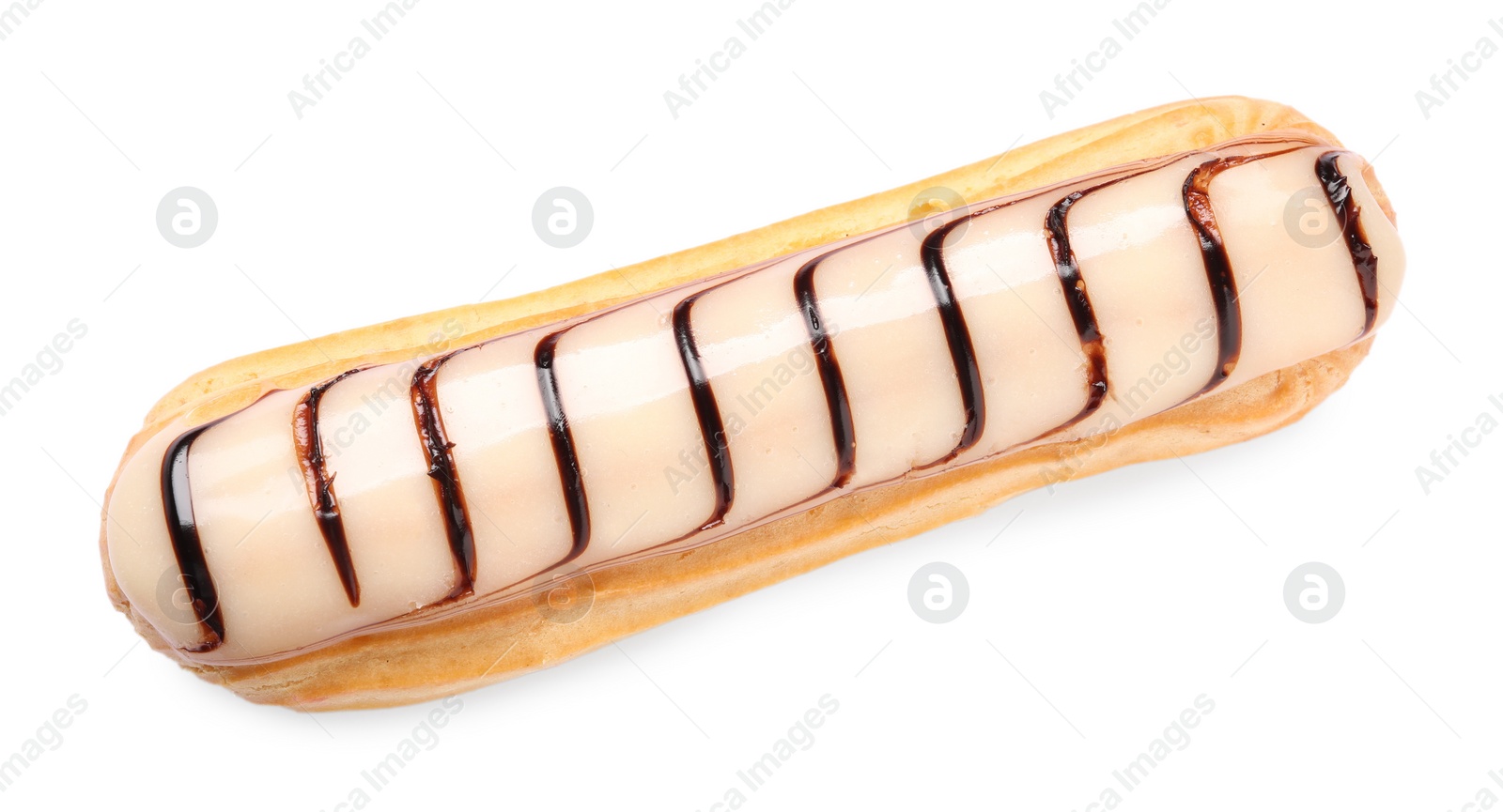 Photo of Delicious eclair covered with glaze isolated on white, top view