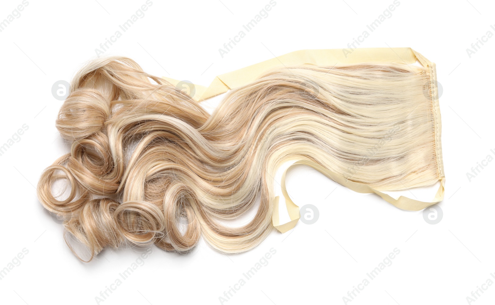 Photo of Beautiful blonde curly hair isolated on white, top view