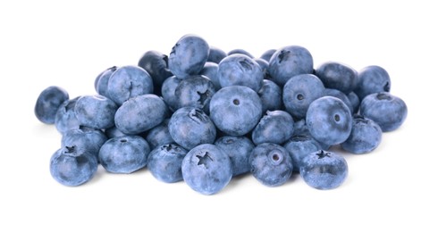 Photo of Pile of tasty fresh ripe blueberries on white background