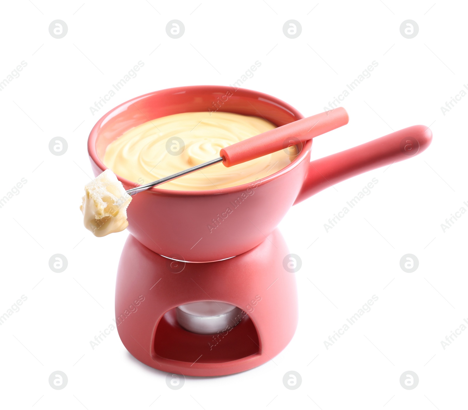 Photo of Pot of delicious cheese fondue and fork with bread on white background