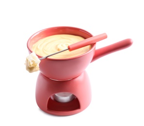 Photo of Pot of delicious cheese fondue and fork with bread on white background