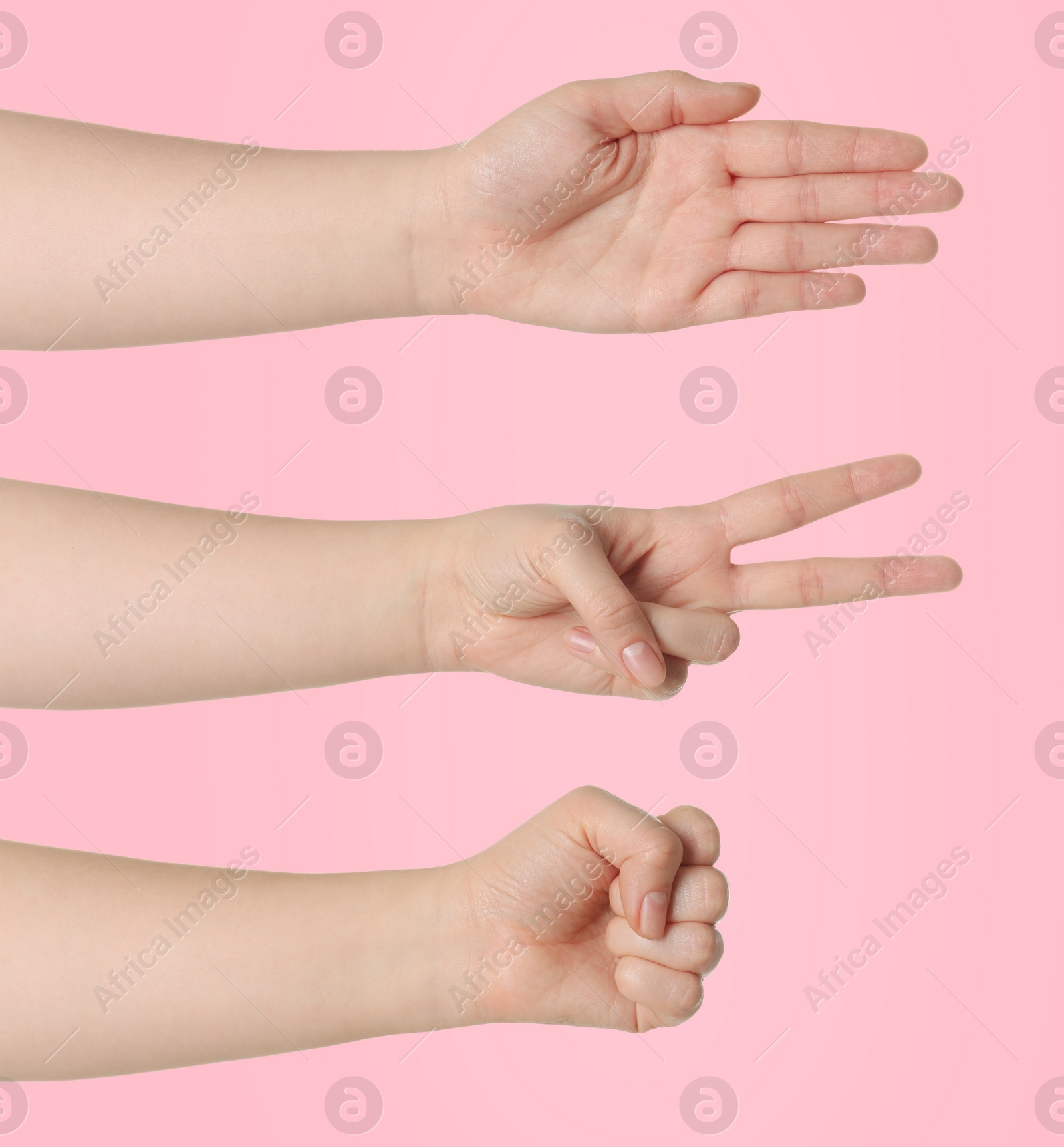 Image of People playing rock, paper and scissors on pink background, closeup